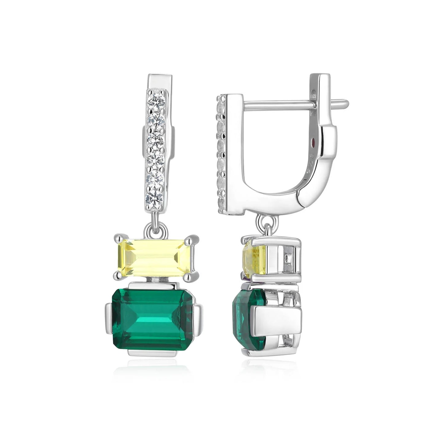 ELLE Sterling Silver Geometric Drop Earrings with Lab-Created Emerald & Yellow Sapphire