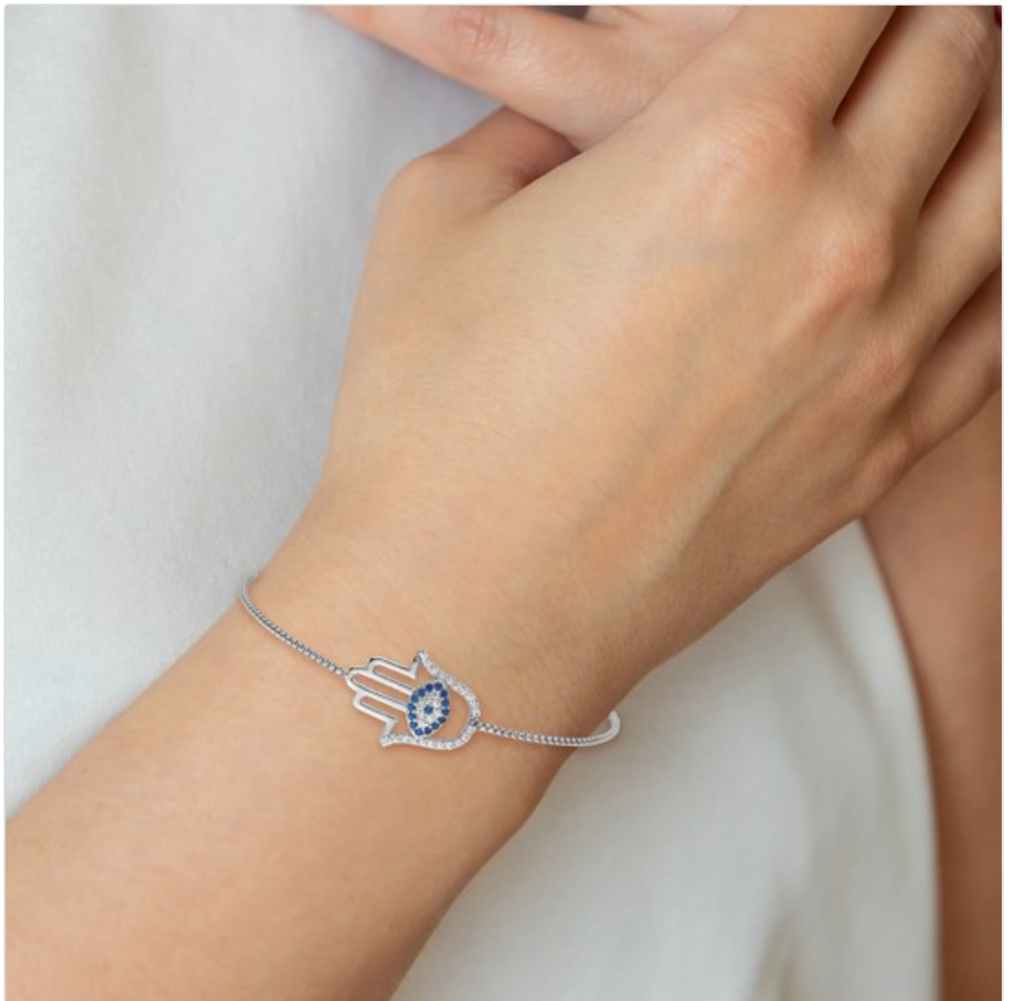 Sterling Silver Rhodium Plated Lab Create Blue Spinal and Cz Evil Eye Hamsa Hand Bracelet