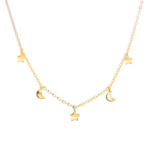 10K Yellow Gold Star and Moon Necklace