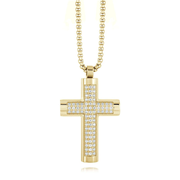 Stainless Steel Gold Ion Cubic zirconia Cross Necklace