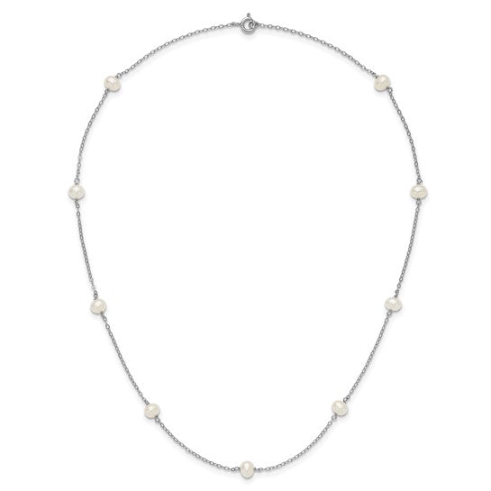 Sterling Silver Rhodium Plating Cultured Pearl Stationed Necklace