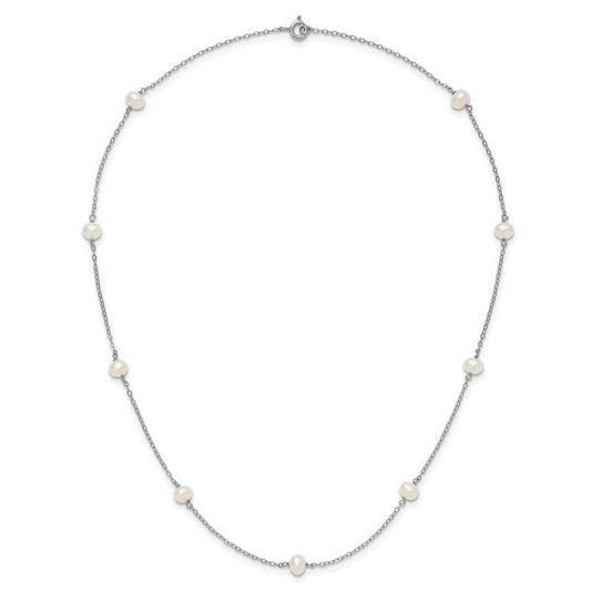 Sterling Silver Rhodium Plating Cultured Pearl Stationed Necklace