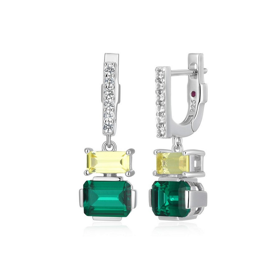 ELLE Sterling Silver Geometric Drop Earrings with Lab-Created Emerald & Yellow Sapphire