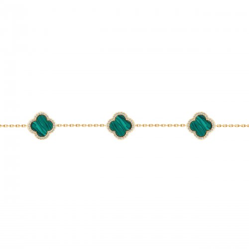 Sterling Silver GoldIp Designer Green Malachite Clover Bracelet