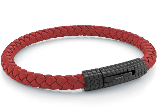 Italgem Stainless Steel Checkered Clasp Red Leather Bracelet