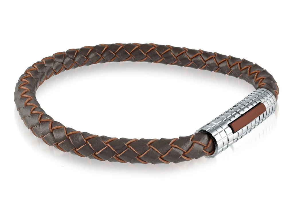 Italgem Stainless Steel Checkered Clasp Brown Leather Bracelet