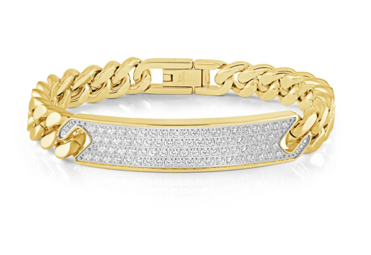 Stainless Steel Gold Plated Curb ID CZ  bracelet