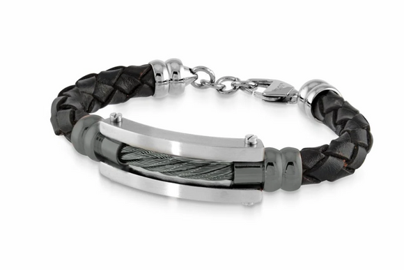 Italgem Stainless Steel Black Cable Leather Bracelet