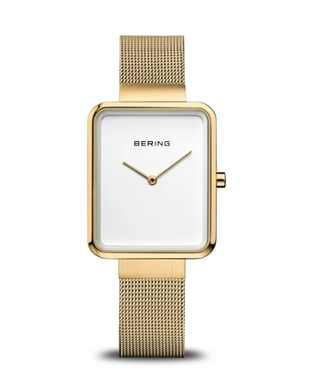 Bering Square Ladies gold watch w/mesh bracelet and white dial I 14528-334