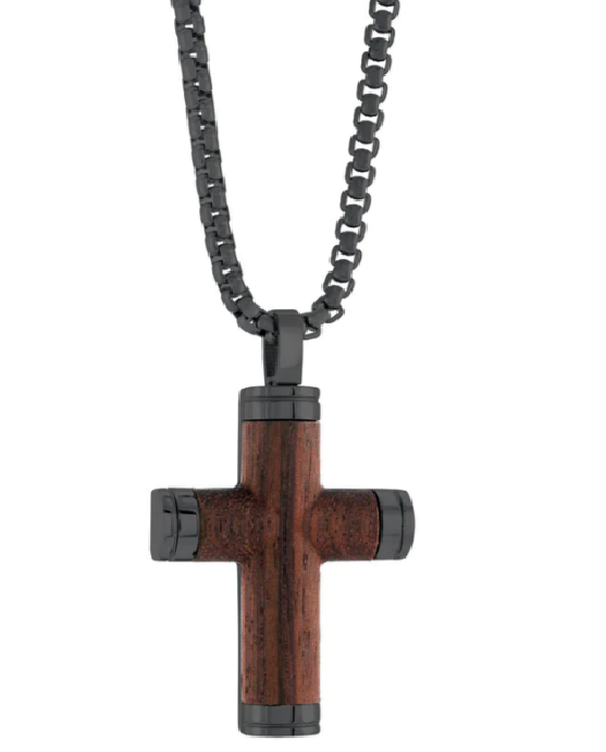 Stainless Steel Wood Inlay Cross Necklace