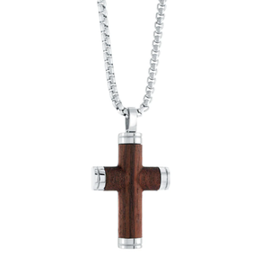 Stainless Steel Wood Inlay Cross Necklace