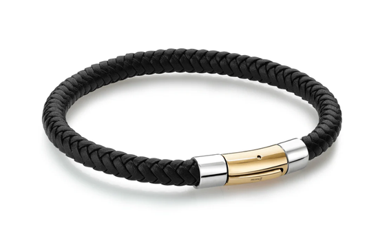 Italgem Stainless Steel Black Leather Bracelet