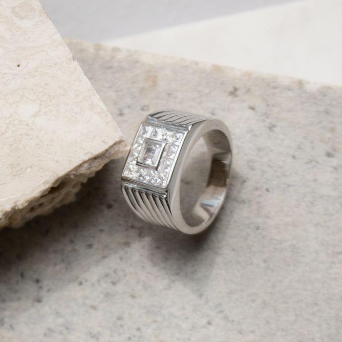 Men’s Sterling Silver Square CZ Signet Ring with Textured Band