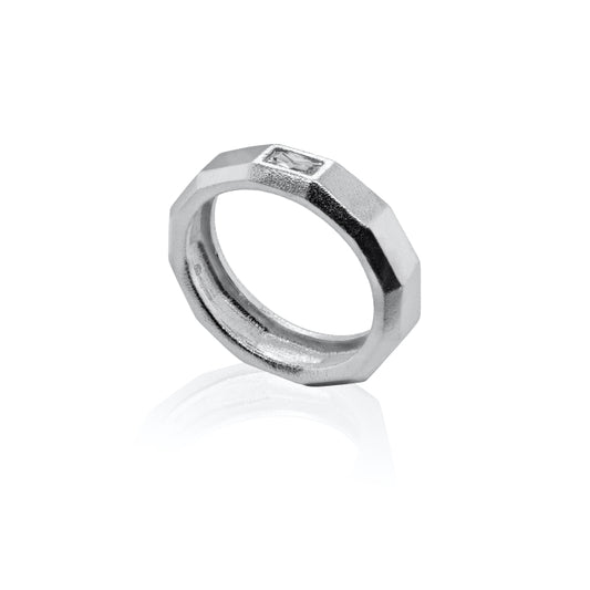 Brushed Faceted Ring with Centre CZ Stone