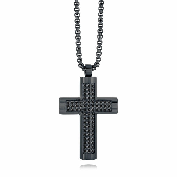 Stainless Steel Black Ion Cubic zirconia Cross Necklace