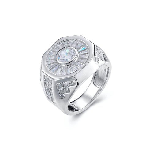 Rhodium Plated CZ Octagonal Head Baguette Accent Men's Ring