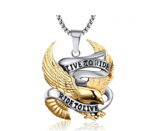 Stainless Steel Live to Ride Ride to Live Gold Eagle Pendant Necklace