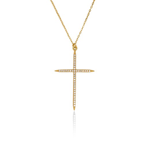Gold Ip Cubic Zirconia Cross Necklace