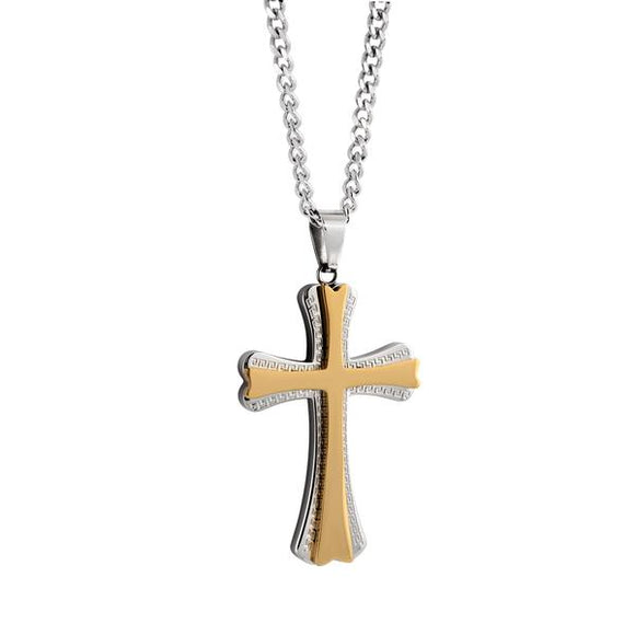Stainless Steel Two Tone Greek Key Cross Necklace