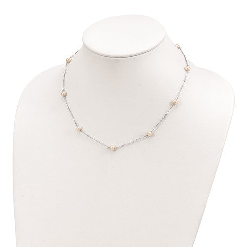 Sterling Silver Rhodium Plating Cultured Pearl Stationed Necklace