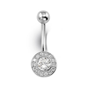 White Gold Halo Belly Button Ring with Cubic Zirconia