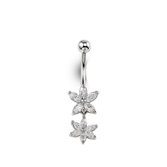White Gold Double Flower Belly Button Ring with Cubic Zirconia