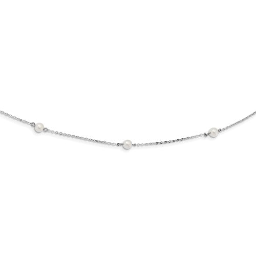 Sterling Silver Rhodium Plating Cultured Pearl Stationed Necklace