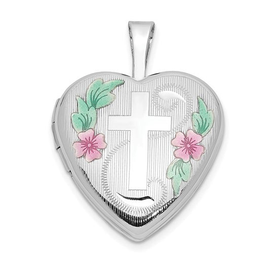 Sterling Silver Enamel Cross Heart Locket