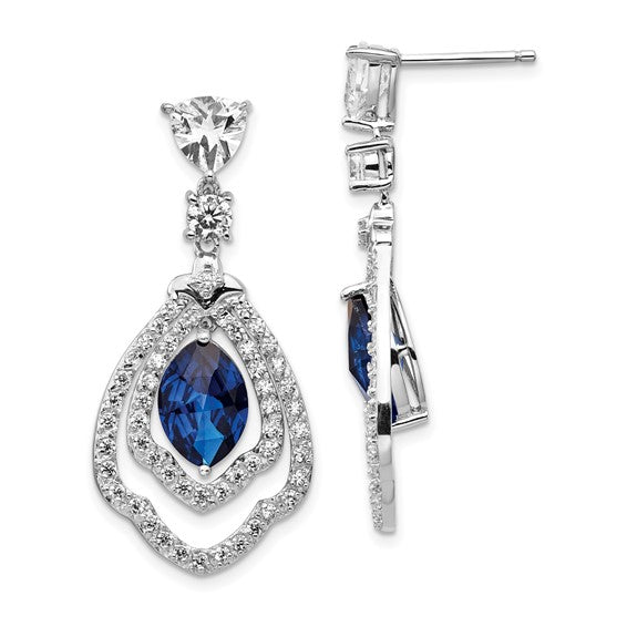Sterling Silver Lab Created Sapphire Marquise Shape and White Cz Drop Earrings