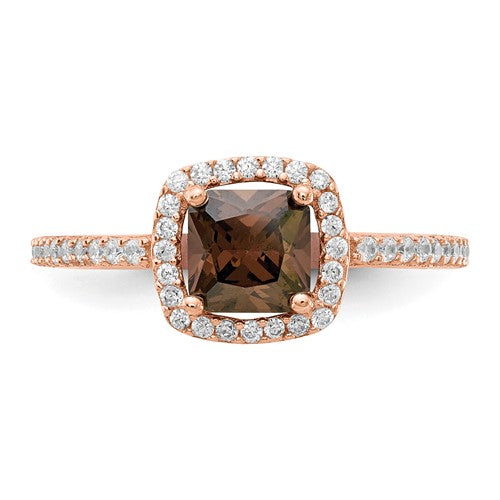 Sterling Silver Rose Gold-plated Black Quartz Cz Ring