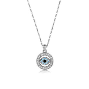 Sterling Silver Circle Blue CZ Evil Eye Necklace