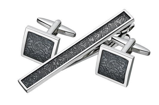 Swirl Design Cufflink and Tie Bar Set