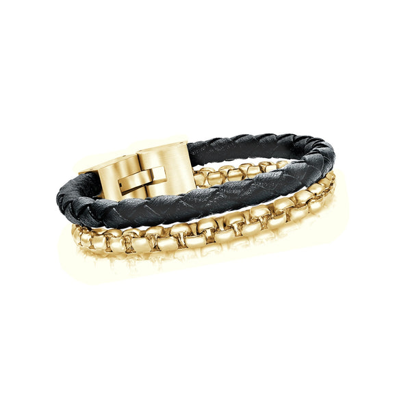 Round Box Link with Black Leather Bracelet