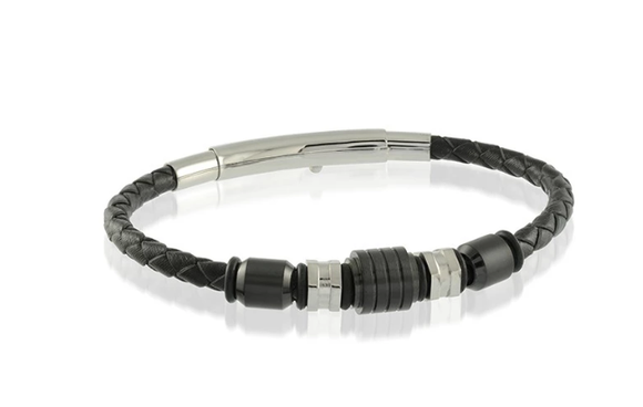 Black White Beads Black Leather Adjustable Bracelet