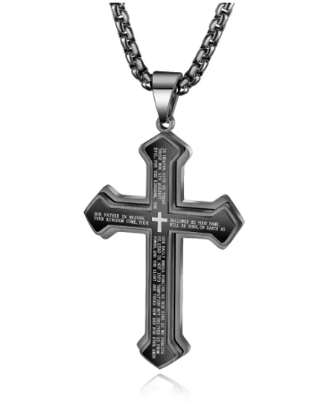 Black Stainless Steel Lord's Prayer Cross Necklace
