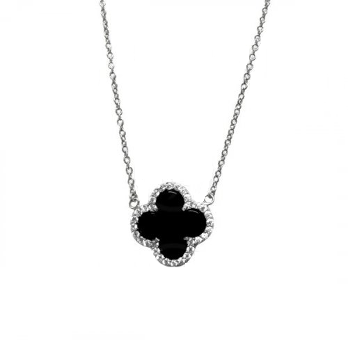 Sterling Silver Clover Design Onyx Necklace