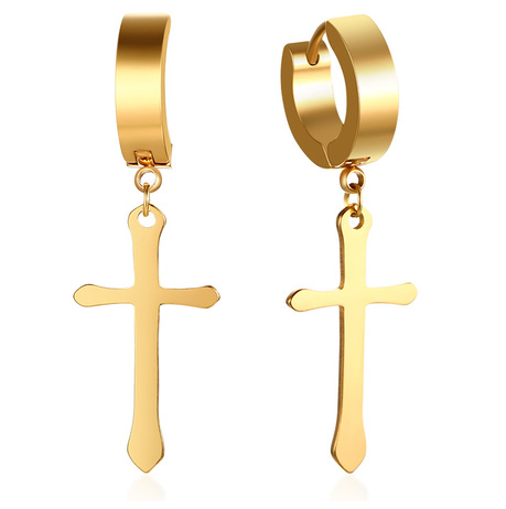 Gold Stainless Steel Dangling Cross Hoop Earrings