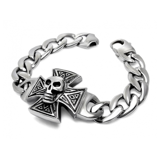 Stainless Steel Skull on Iron Cross Bracelet