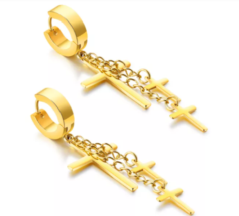 Stainless Steel Cross Dangle Huggie Earrings