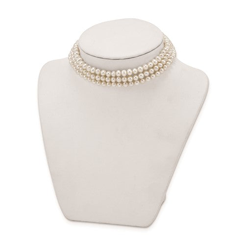 Sterling Silver Rhodium Plated White Pearl Necklace Choker 5-6mm 3 rows FWC Pearl with 1.5in Choker