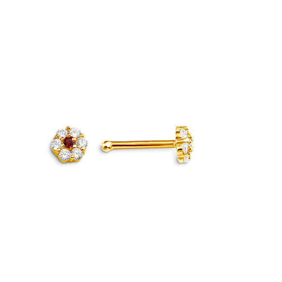 14K Yellow Gold Flower Nose studs with Red Stone