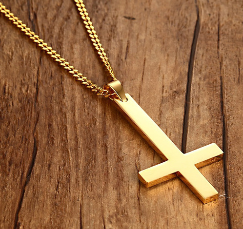 Stainless Steel Gold Iong Inverted Cross Necklace