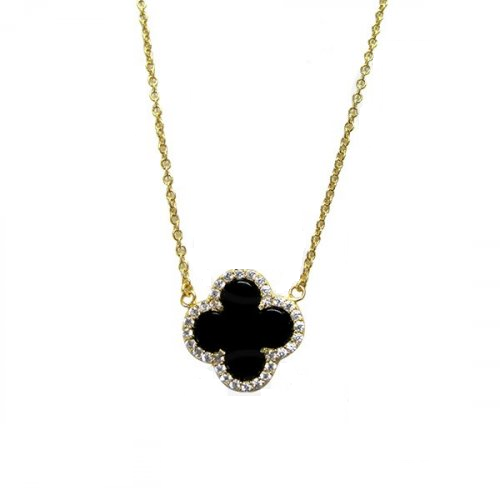 Sterling Silver GoldIP Clover Design Onyx Necklace