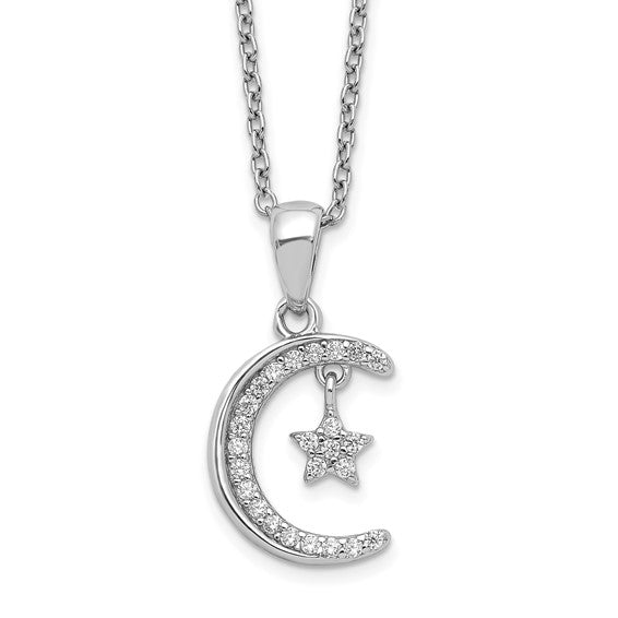 Sterling Silver Cz Moon Necklace with Dangling Star