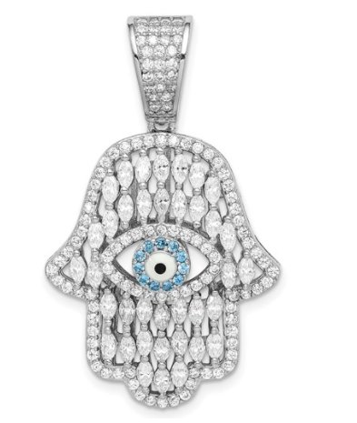 Sterling Silver White and Blue CZ Hamsa Eye Necklace
