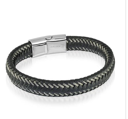 Wire-Braided Black Leather Bracelet