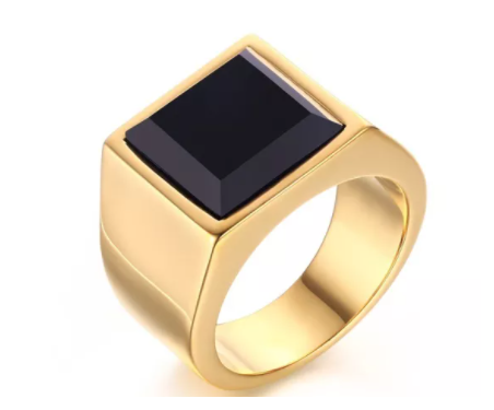 Stainless Steel Black Agate GoldIp Ring