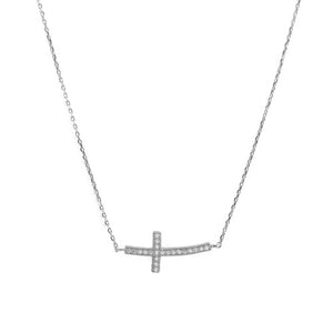 Sterling Silver Side Way CZ Cross Necklace