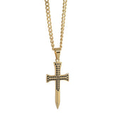 Stainless Steel Gold Ion Black Cubic zirconia Sword Cross Necklace