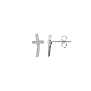 Sterling Silver Curved Cross Earring Studs with Cubic Zirconia